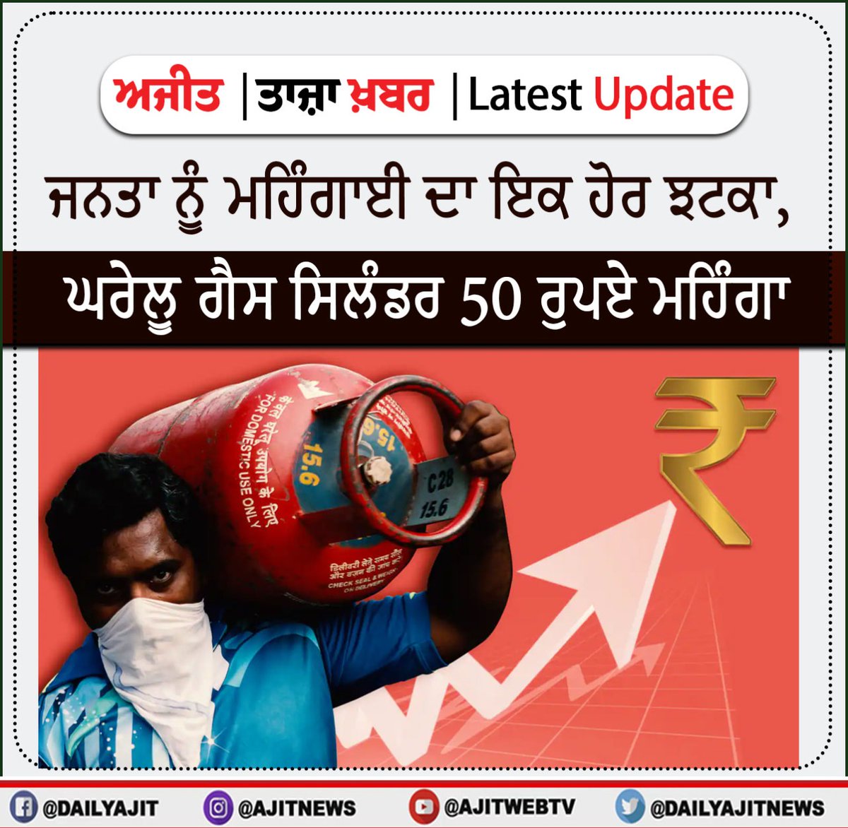 dailyajitnews's tweet image. ਜਨਤਾ ਨੂੰ ਮਹਿੰਗਾਈ ਦਾ ਇਕ ਹੋਰ ਝਟਕਾ, ਘਰੇਲੂ ਗੈਸ ਸਿਲੰਡਰ 50 ਰੁਪਏ ਮਹਿੰਗਾ
beta.ajitjalandhar.com/latestnews/385…
#dailyajit #LPG #cyclinder #price #domestic