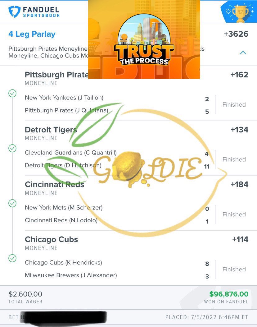 TheFundFlippers's tweet image. CASH THIS SGP FROM @GoldieCapone_ 🔥🔥⚾️😮‍💨 came back from his break and killed it. 
$2,600 👉🏽 $96,876 
Visit the ink in our bio to join our discord! #fanduesportsbook #GamblingTwitter #mlbpicks #parlays #sportsbetting #bettingtwitter #mlbpicks #SportsGambling