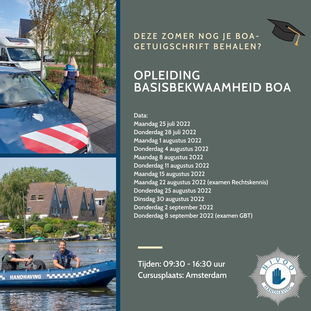 In sept je BOA-getuigschrift op zak hebben? Het kan met onze zomeropleiding Basisbekwaamheid BOA. Schrijf je in nivoo.nl/inschrijven.