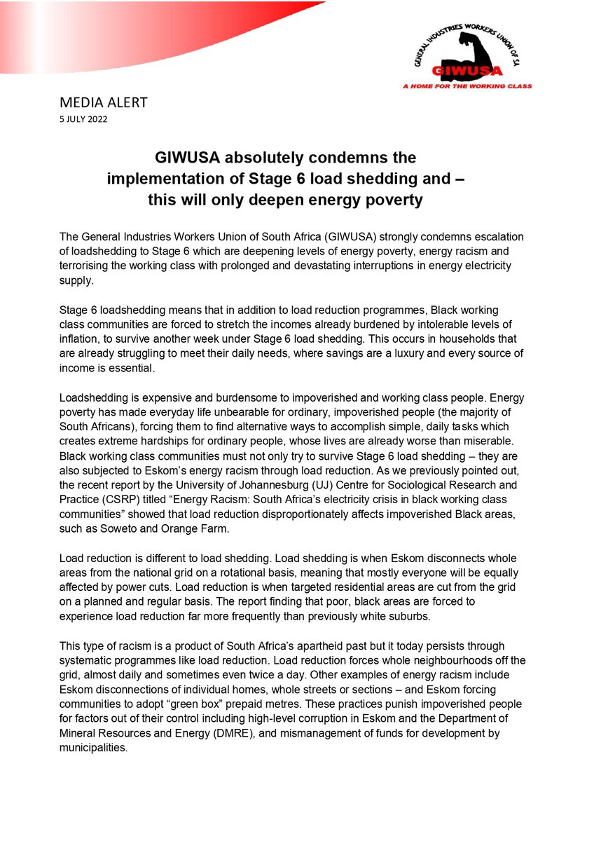 GIWU_SA's tweet photo. GIWUSA absolutely condemns the implementation of Stage 6 load shedding #CostOfLivingCrisis https://t.co/h4tIx3ao39