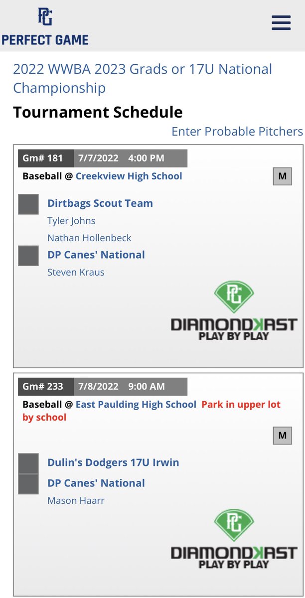 DiamondPro3's tweet photo. DP Canes 23/24 National open up the @PerfectGameUSA WWBA National Championship in Atlanta on Thursday. Schedule/Rotation below:

7/7: 2024 @StevenKraus17 
7/8: 2023 @HaarrMason 
7/9: 2024 @WilmarthMatt 
7/10: 2023 @GoodnessIan2023 
7/11: 2023 @NiagaraBASE commit @carter_fink05 https://t.co/jcDdogJm9H