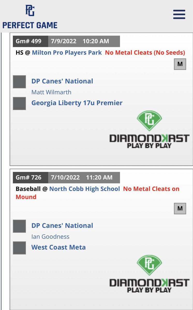 DiamondPro3's tweet photo. DP Canes 23/24 National open up the @PerfectGameUSA WWBA National Championship in Atlanta on Thursday. Schedule/Rotation below:

7/7: 2024 @StevenKraus17 
7/8: 2023 @HaarrMason 
7/9: 2024 @WilmarthMatt 
7/10: 2023 @GoodnessIan2023 
7/11: 2023 @NiagaraBASE commit @carter_fink05 https://t.co/jcDdogJm9H