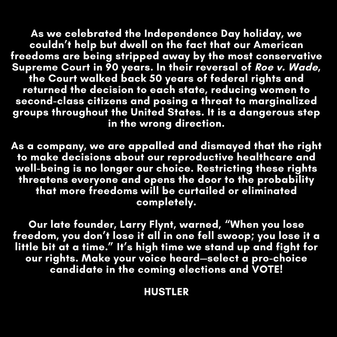Official statement from HUSTLER... 

#RoeVWade #RoeVWadeOverturned