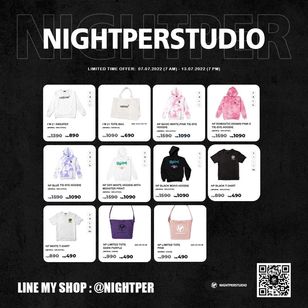 NP 7.7 SPECIAL DEAL 

Special Deal  on  7 July 2022 , 7:00 am. - 13 july 2022 7:00 pm. 

At Line shop LINK IN BIO 

#NIGHTPERSTUDIO