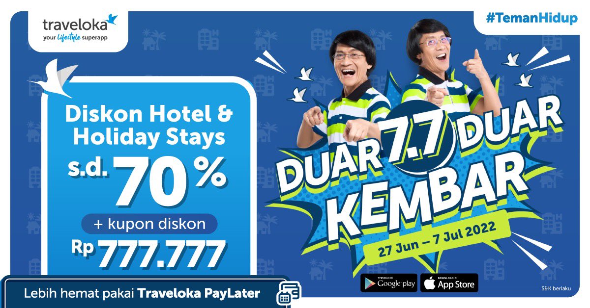 traveloka's tweet photo. MAU DIBAYARIN LIBURAN? Merapat, aku mau giveaway total hadiah 5 JUTA!! 🧳💵

Caranya:
• Follow aku
• RT &amp; LIKE tweet ini
• Reply: Liburan ya nginep di Hotel dan Holiday Stays pake promo #DuarDuarKembar diskon s.d 70% di Traveloka
• Pake hashtag #DuarDuarKembar yg banyak 💙 https://t.co/MJryPyy0WH
