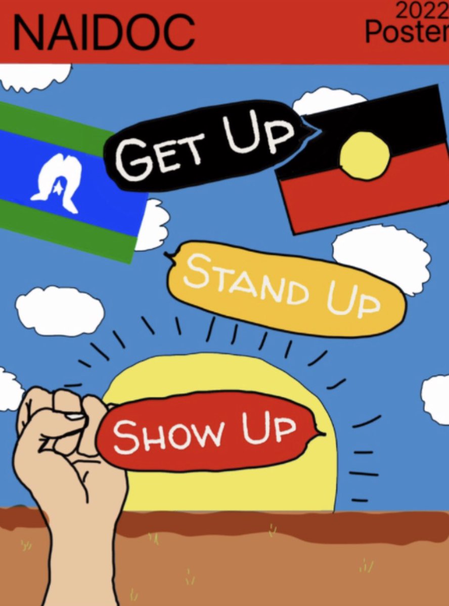 CaitlinManea's tweet photo. After listening to Ryhia Dank explain her inspiration behind the creation of this years NAIDOC poster and exploring the meaning behind this years theme, students loved recreating their own version highlighting the theme “Get Up! Stand Up! Show Up!”#NAIDOCWeek #NAIDOC https://t.co/EsrmDURqwn