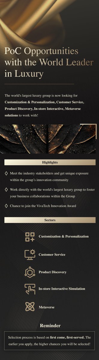 The world's largest luxury group is now offering PoC opportunities with startups to improvise their solutions! 

Sector Focus:
#Metaverse 
#CustomerService
#ProductDiscovery
#InteractiveExperience
and more!

More details here👉 flair.ly/r/81578b