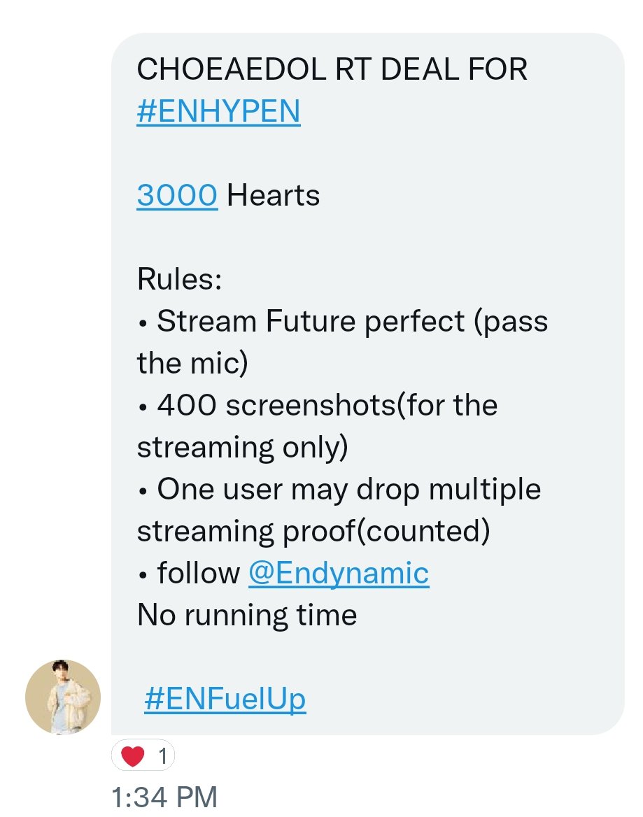 AsoNgEnha's tweet image. GOT A DEAL‼️

CHOEAEDOL DEAL FOR #ENHYPEN 

3000 Hearts 

Rules:
• Stream Future perfect (pass the mic)
• 400 screenshots(for the streaming only)
• One user may drop multiple streaming proof(counted)
• follow @Endynamic 
No running time

 #ENFuelUp #ENVOOSTERS