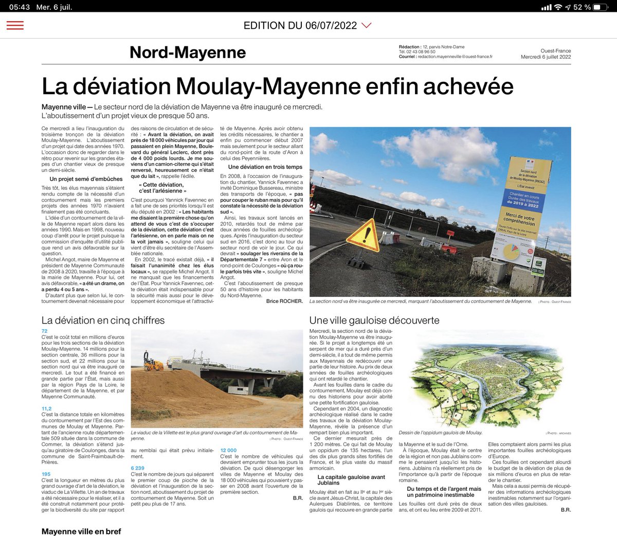 Je ne pourrai malheureusement être  à l’inauguration de la 3ème tranche de la déviation de Moulay-Mayenne en raison du discours de politique générale d’<a href="/Elisabeth_Borne/">Élisabeth BORNE</a>. Heureux que ce contournement soit terminé après m’être battu pour depuis 2002. <a href="/olivierrichefou/">Olivier Richefou</a> <a href="/JpLeScornet/">JP Le Scornet</a>
