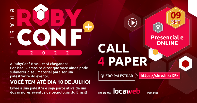 phpsp's tweet photo. Galera, em 2 dias fecha a janela de submissões para a #RubyConf2022 da @locaweb!

Bora submeter palestra, dar RT e bombar o evento! 🙏

#RubyConfBrasil #Locaweb #RubyConf2022 #RubyConf

https://t.co/opQVpS6Ea9 https://t.co/1VYWeTmuzX