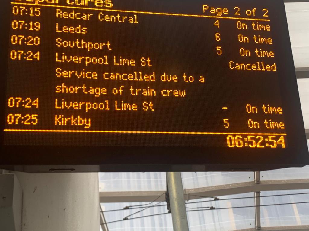 JulesAnsell's tweet image. The 07.24 to Liverpool is cancelled, but the 07.24 to Liverpool is on time, but costs £5 more… will it turn up though? It’s better when they are all on strike and we don’t bother with trains at all! Just getting to work is a struggle these days! @RMTunion @GOVUK