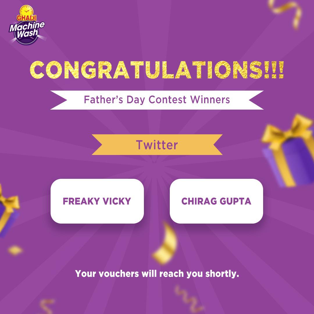 GhadiMW's tweet photo. Congratulations to all the winners of the Father's Day contest, and thank you to all the participants for making the contest a success.

@waqasshkh @ChiragG14
#EveryDadIsASpecialist #FathersDay #Father #Dad #Ghadi #GhadiMachineWash #ContestAlert #Contest #Game #Winner https://t.co/AiuFMDxypl