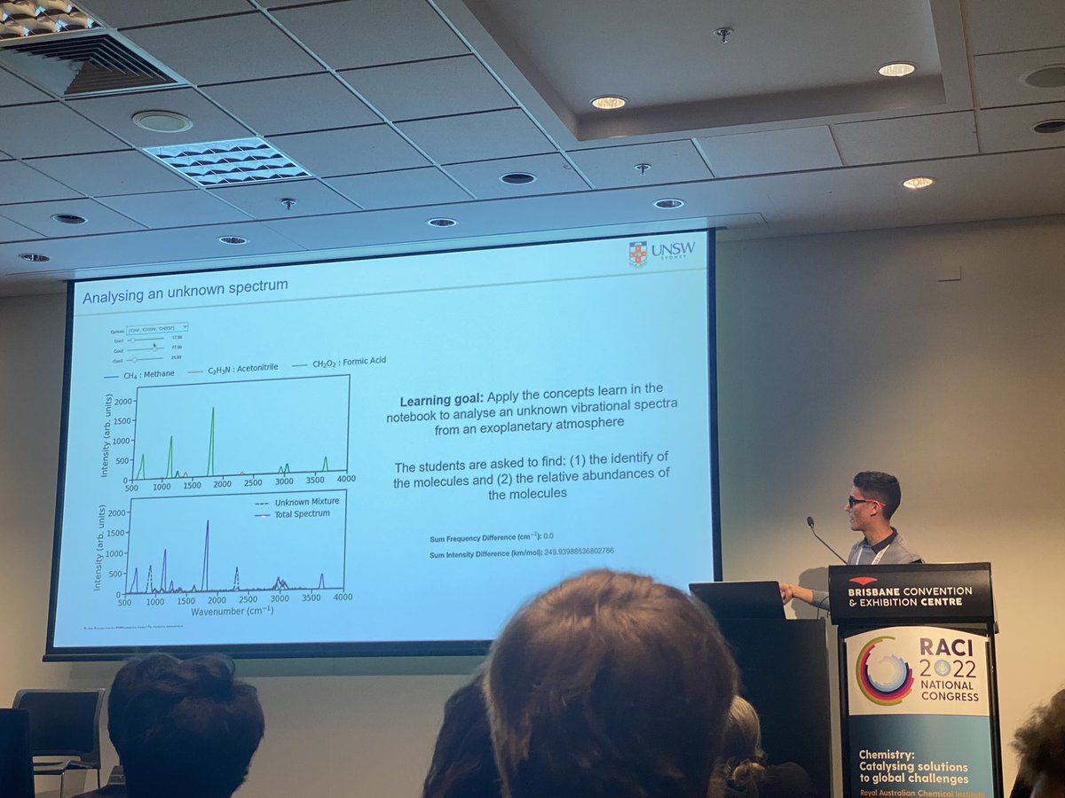 Great talk by <a href="/jczapatat97/">Juan Camilo Zapata T.</a> showing his python notebook to teach undergraduates at <a href="/UNSWScience/">UNSW Science</a> that python isn’t that scary and vibrational spectra can be easy to understand #RACI2022 #ozchem <a href="/RACInational/">Royal Australian Chemical Institute</a>