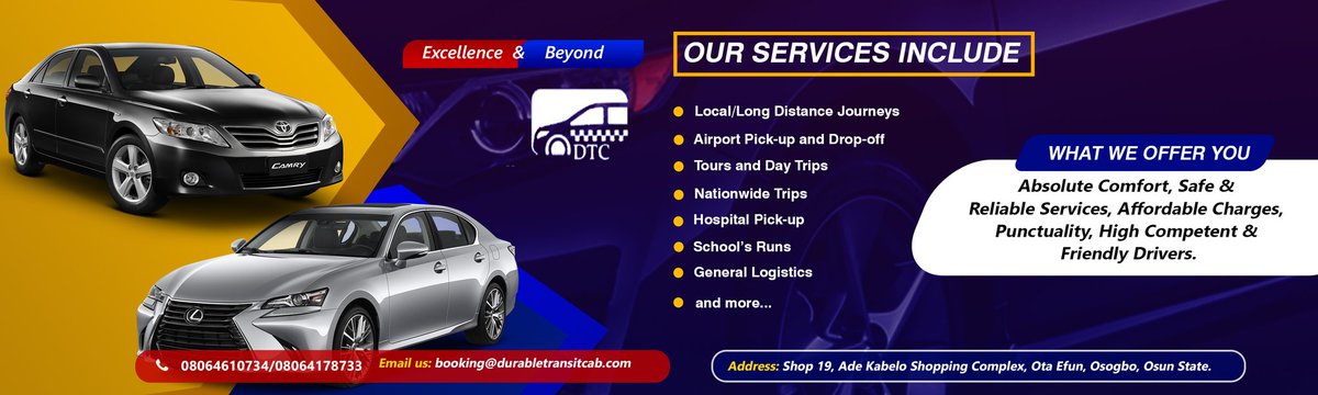RidewithDTC (@ridewithdtc) on Twitter photo Don't get stranded in town during this Sallah period, book a ride with us. All you need to do is click wa.me/qr/GY22PLHSBIX… or durabletransitcab.com.
Good morning.
RT
<a href="/InsideOsogbo/">Inside Òṣogbo</a> Don't get stranded in town during this Sallah period, book a ride with us. All you need to do is click wa.me/qr/GY22PLHSBIX… or durabletransitcab.com.
Good morning.
RT
<a href="/InsideOsogbo/">Inside Òṣogbo</a>