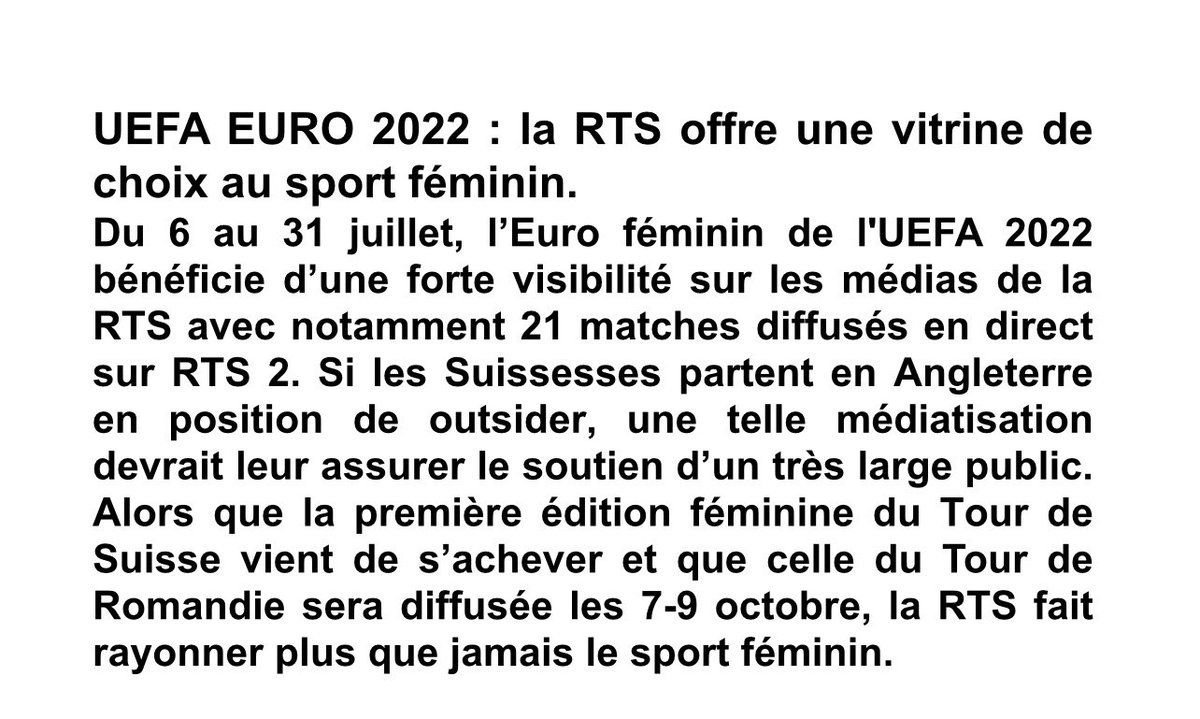 L’Euro féminin de foot commence ce soir ! 
Tous les matches en direct sur RTS2 ou/et sur notre site et app rtssport. 
Très heureux de partager avec vous cet événement sur le service public. 
<a href="/RTSsport/">RTS Sport (compte archivé)</a> <a href="/RadioTeleSuisse/">RTS</a>