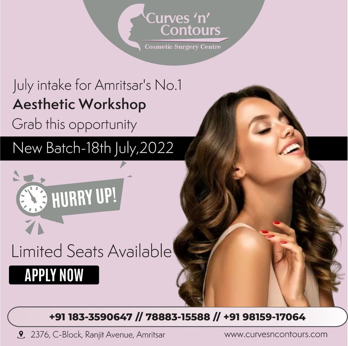 July intake for Amritsar's No.1 Aesthetic Workshop Grab this opportunity.

New Batch-18th July, 2022

Hurry up
Limited Seats Available 

Apply now

Call-0183-3590647, 7888315588, 9815917064

#newbatch #workshop #cosmeticworkshop #bbglow #lasertattooremoval #LaserHairRemoval
