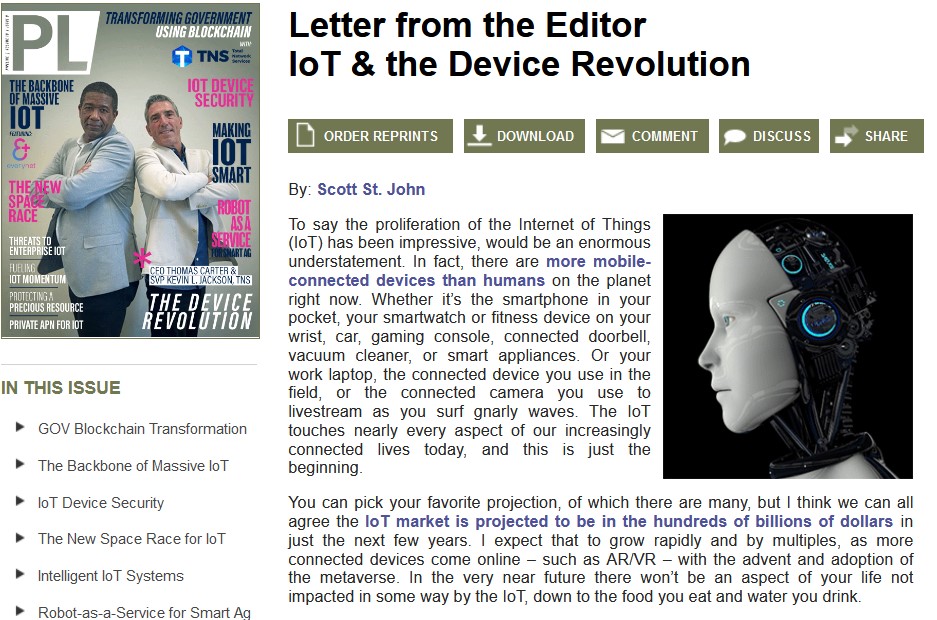 PipelineWire's tweet photo. In his Letter from the Editor: https://t.co/DfueNRKUnW, Managing Editor Scott. John explores the, #IoT &amp; #DeviceRevolution issue of #Pipeline magazine, including #APNs, #blockchain, #cybersecurity, #LoRaWan, #robots, #satellites, and more for the IoT. https://t.co/ZQkZV4P9Lm
