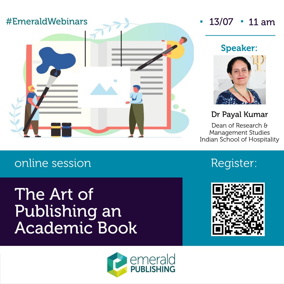 Register now! bit.ly/3QUVKAs
<a href="/payalk1/">Payal Kumar</a>, Dean of Research and Mngt. Studies, 
<a href="/ISHOfficial/">Indian School Of Hospitality</a>, India will discuss ‘The Art of Publishing an Academic Book’. Join us on 13 July 2022, 11am IST.