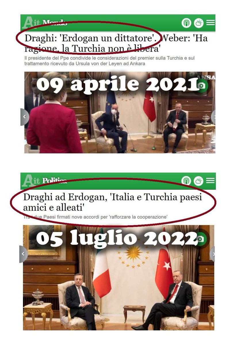 #Draghi solo un anno fa definiva #Erdogan “dittatore” per una sedia rifiutata alla Von Der Leyen , oggi, che si sta preparando a massacrare i curdi, solo pacche sulle spalle. Che vergogna, ci rende un paese senza dignità!