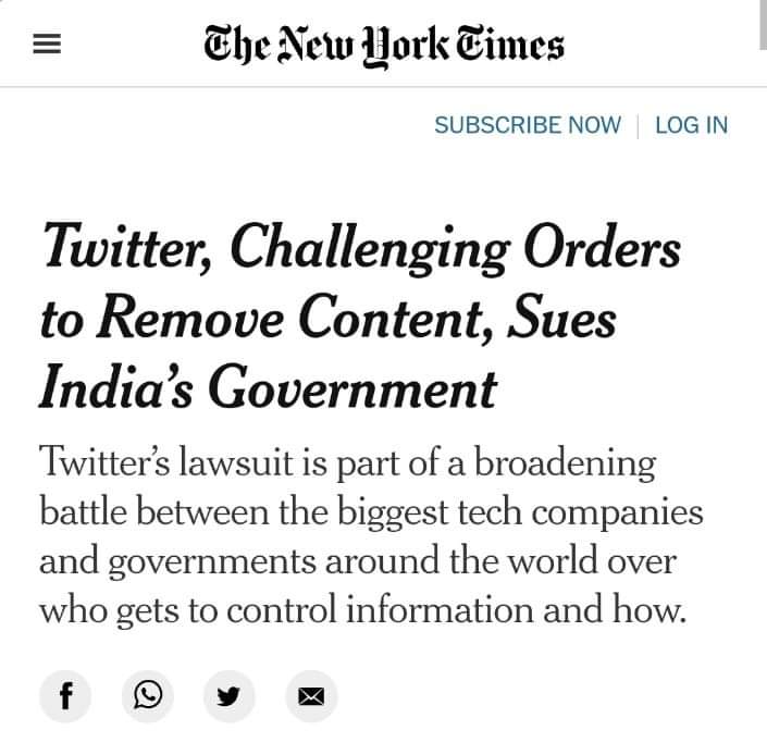 ट्विटर ने केंद्र सरकार के ख़िलाफ़ मुक़दमा ठोंका है, आरोप है भारत सरकार ट्वीट पर ज्यादा दवाब बना रही है, मन मे आया उसका कंटेंट हटवा दिया,मन मे आया किसी को भी ब्लॉक करवा दिया, ट्वीटर ने कहा है हम इतने दवाब में है की इंडिया छोड़ने पर मजबूर है!