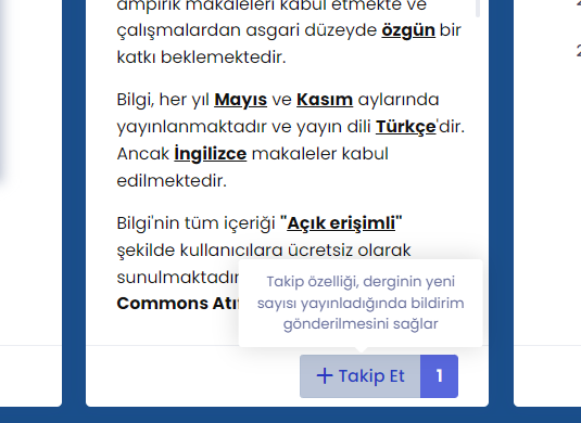 "Takip düğmesi" yardımı ile dergimizi takip edip, yeni sayılardan haberdar olabilirsiniz. #dergipark <a href="/DergiPark/">DergiPark</a>