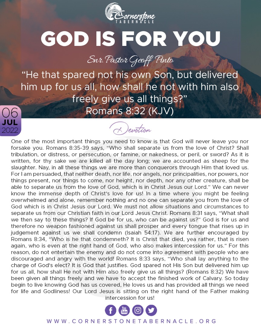 cornerstonenam's tweet photo. God is for you.
#DailyDevotional https://t.co/K0tykooJOG