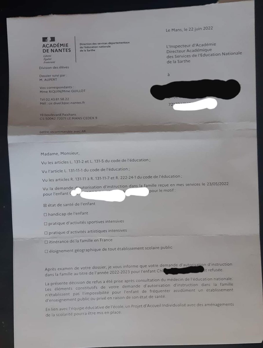 LED_A_'s tweet photo. #UnJourUnRefus
@acnantes une famille vient encore de recevoir un refus, l'enfant n'étant pas "dans l'impossibilité de fréquenter un établissement" (autorisation demandée pour état de santé).
⚠️Pour rappel:
👇👇👇 https://t.co/quHWL1fSpu