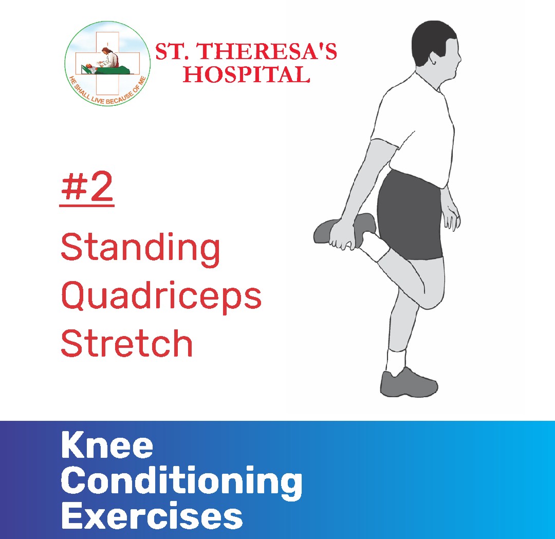 STH_Media1's tweet image. Knee Exercises (2 of 12)
#Exercise2 - Standing Quadriceps Stretch
Step-by-step directions
1.Hold on to the back of a chair or a wall for balance.
2.Bend your knee and bring your heel up toward your buttock.
for more info- sttheresashospital.com/knee-exercises/
#StandingQuadricepsStretch