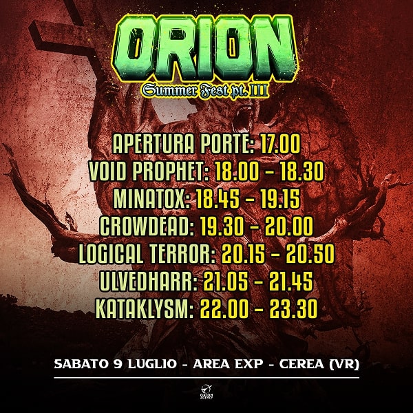 METALWAVEItaly's tweet photo. ORION SUMMER FEST: gli orari della terza edizione https://t.co/fjo19FCLeq #metalwave #orionsummerfest #VoidProphet #Minatox69 #Crowdead #LogicalTerror #Ulvedharr #Kataklysm # InfinityHeavy https://t.co/QAoXE2Rffh