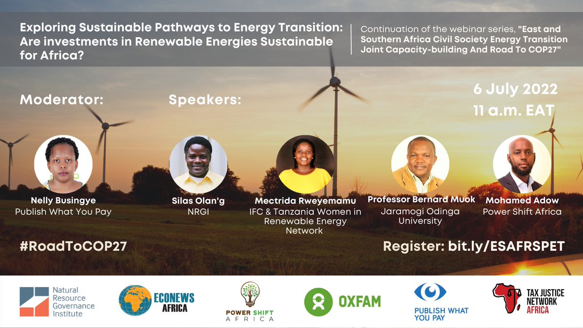 🖥️ Starting in 1 hour!

Join NRGI &amp; partners for an online session on sustainable pathways &amp; investment in #renewables as part of the "East &amp; Southern Africa Civil Society #EnergyTransition Joint Capacity-building &amp; #RoadToCOP27" event series.

Register ➡️ resourcegovernance.org/events/web-eve…