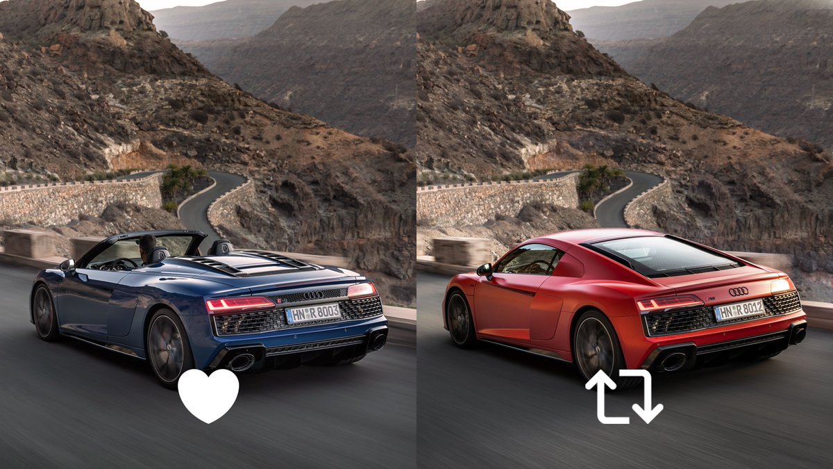 AudiOfficial's tweet photo. Like or share: Ready for a summer road trip in the Audi R8? Like for top down and hair blowing. Share for top up and complete the look. https://t.co/gRW6L5IRXk