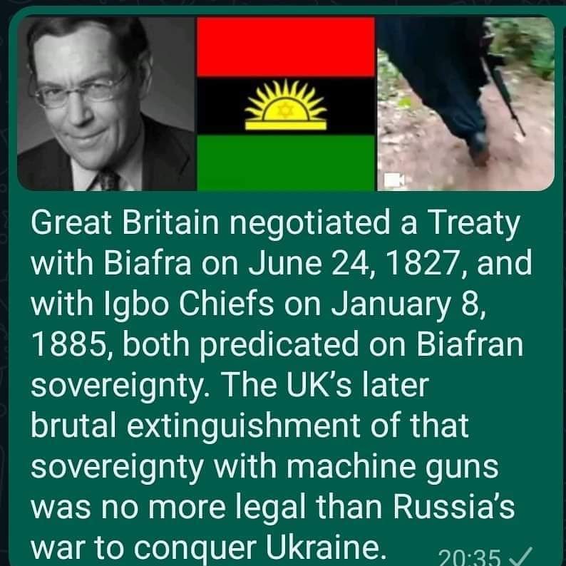 biafra4ever's tweet photo. "Great Britain negotiated a Treaty with Biafra on June 24, 1827, and with Igbo Chiefs on Jan 8, 1885, both predicated on Biafran sovereignty.
The UK's later brutal extinguishment of that sovereignty WITH MACHINE GUNS was worse than Russia's war to conquer Ukraine".
-@BruceFeinEsq https://t.co/HvBgO4rp2T