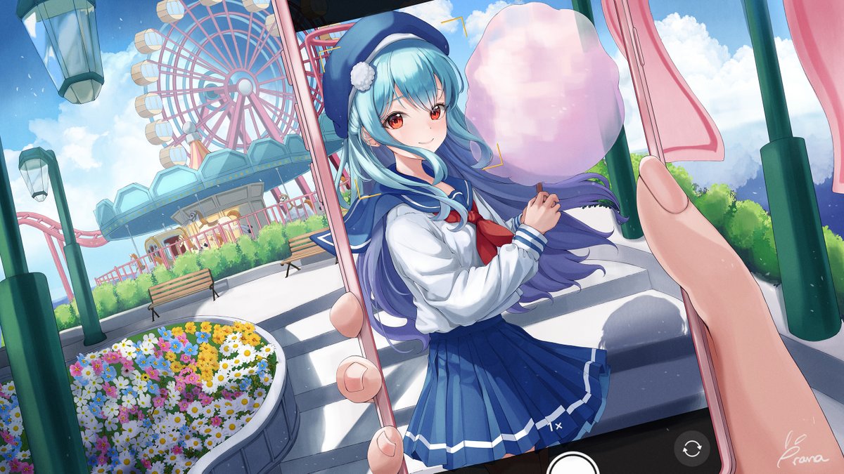cotton candy skirt red eyes 1girl hat school uniform blue hair  illustration images
