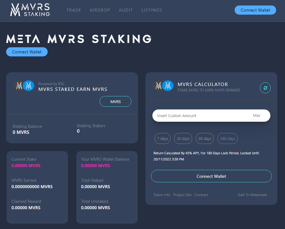 MvrsToken's tweet photo. Meta MVRS Token Staking!

0% Tax FOR LIFE!
UP TO 45% APY!

🔹https://t.co/jyGuNogi30
🔹https://t.co/sPxYn5nk54

#cryptotrading #cryptocurrency #Metaverse #MetaverseNFT #NFT #X100GEM #NFTs https://t.co/oiPVhJoHub