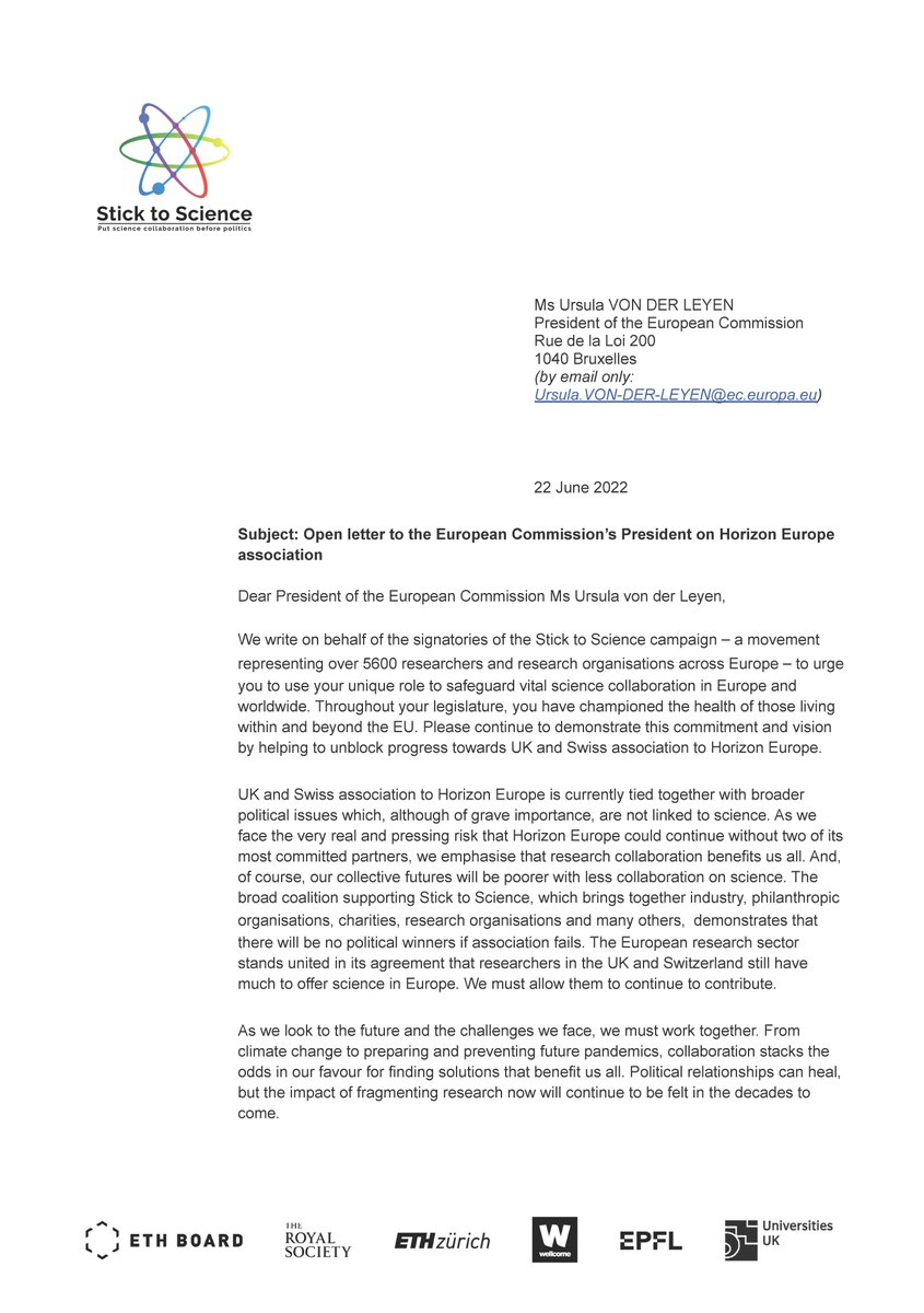 UoAResInnov's tweet photo. #sticktoscience The Stick to Science Initiative have sent an open letter to the President of the European Commission, Ursula von der Leyen, asking for her to intervene in the critical issue for science due to the delay of the association of the UK &amp; Switzerland to Horizon Europe. https://t.co/4oVhrQpxEj