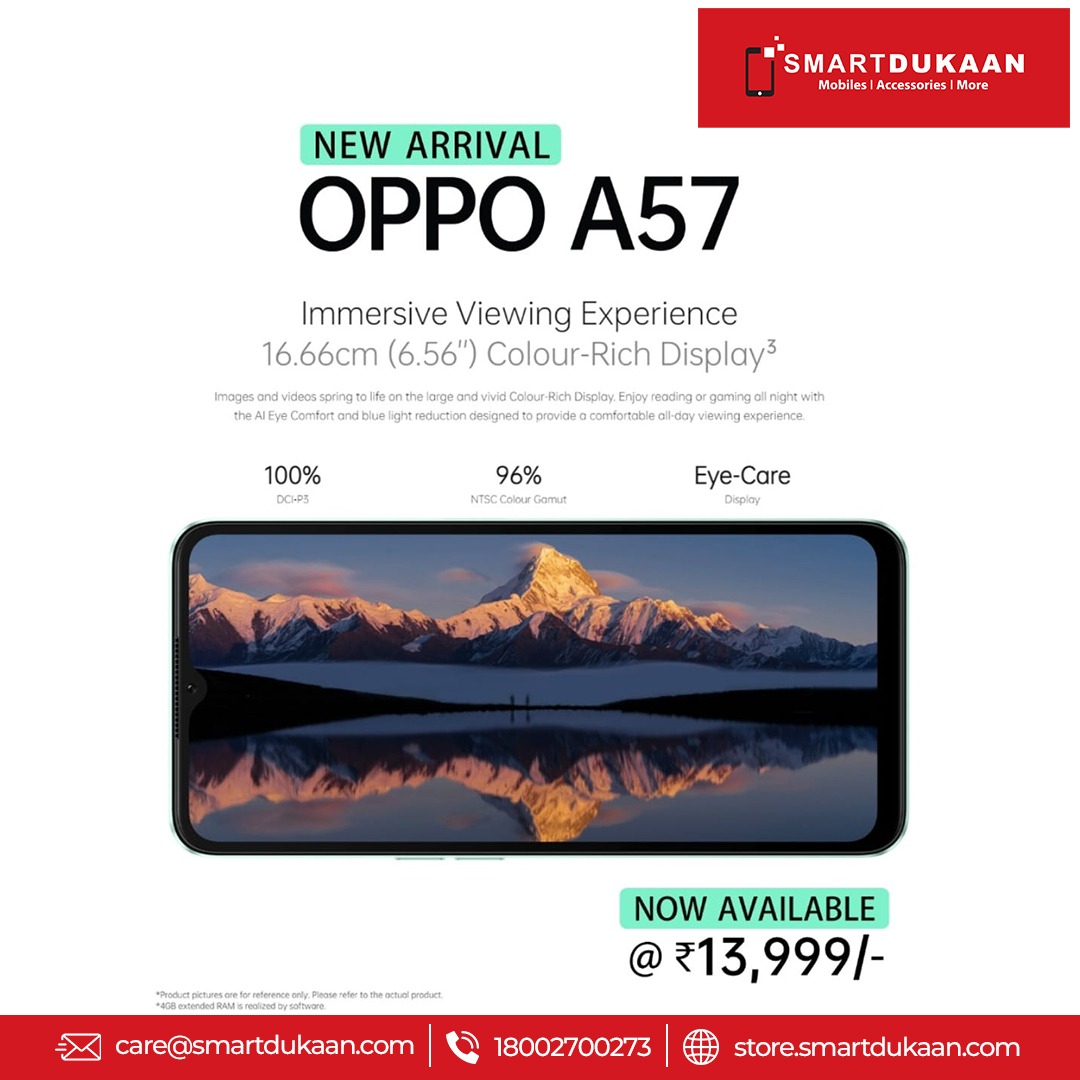 SmartDukaan's tweet photo. Bringing you the all-new OPPO A57! Get an immersive viewing experience with 16.66cm (6.56") colour-rich display. Now available at just Rs. 13,999. 

Hurry up! Visit your nearest SmartDukaan now. 

#SmartDukaan #Oppo #Smartphones #Newphone #oppophones https://t.co/i04il2ubNa