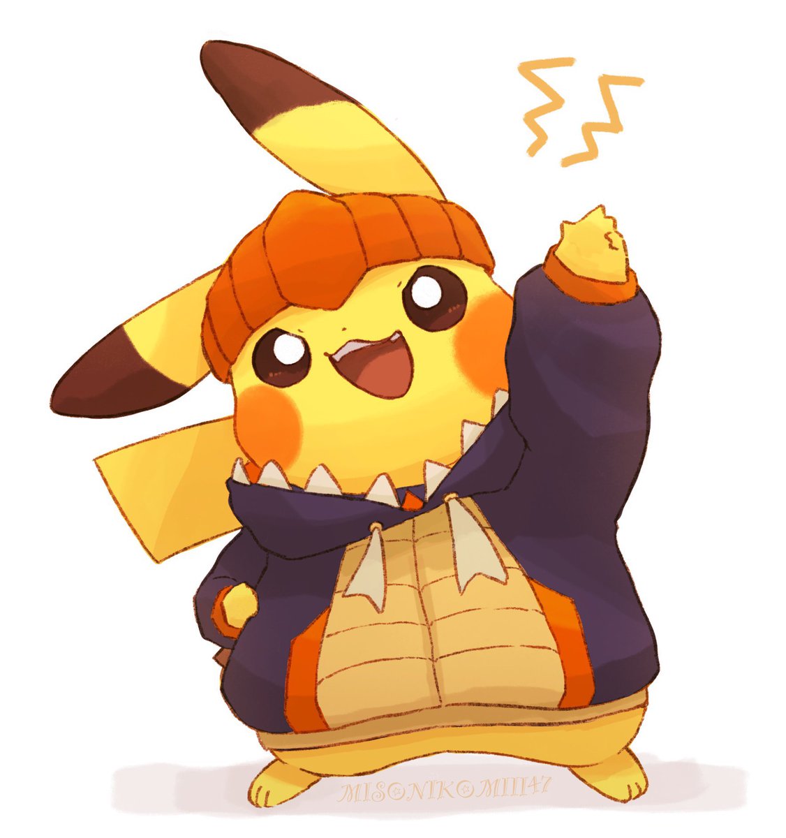 akari (pokemon) ,pikachu pokemon (creature) cosplay poke ball scarf no humans open mouth smile  illustration images
