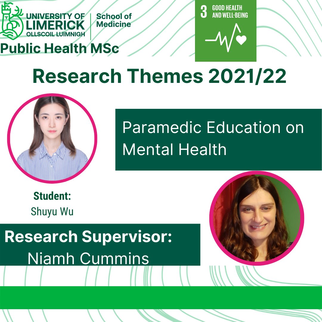 PublicHealthUL's tweet photo. Shuyu Wu will be doing her #ResearchProject on #ParamedicEducation on #MentalHealth. Her #ResearchSupervisor will be Niamh Cummins (@CumminsNM).
To learn more about the Public Health MSc and what it can offer you, Visit: https://t.co/7tfwZq819Q
#PublicHealthUL https://t.co/69TSPYHiZ2