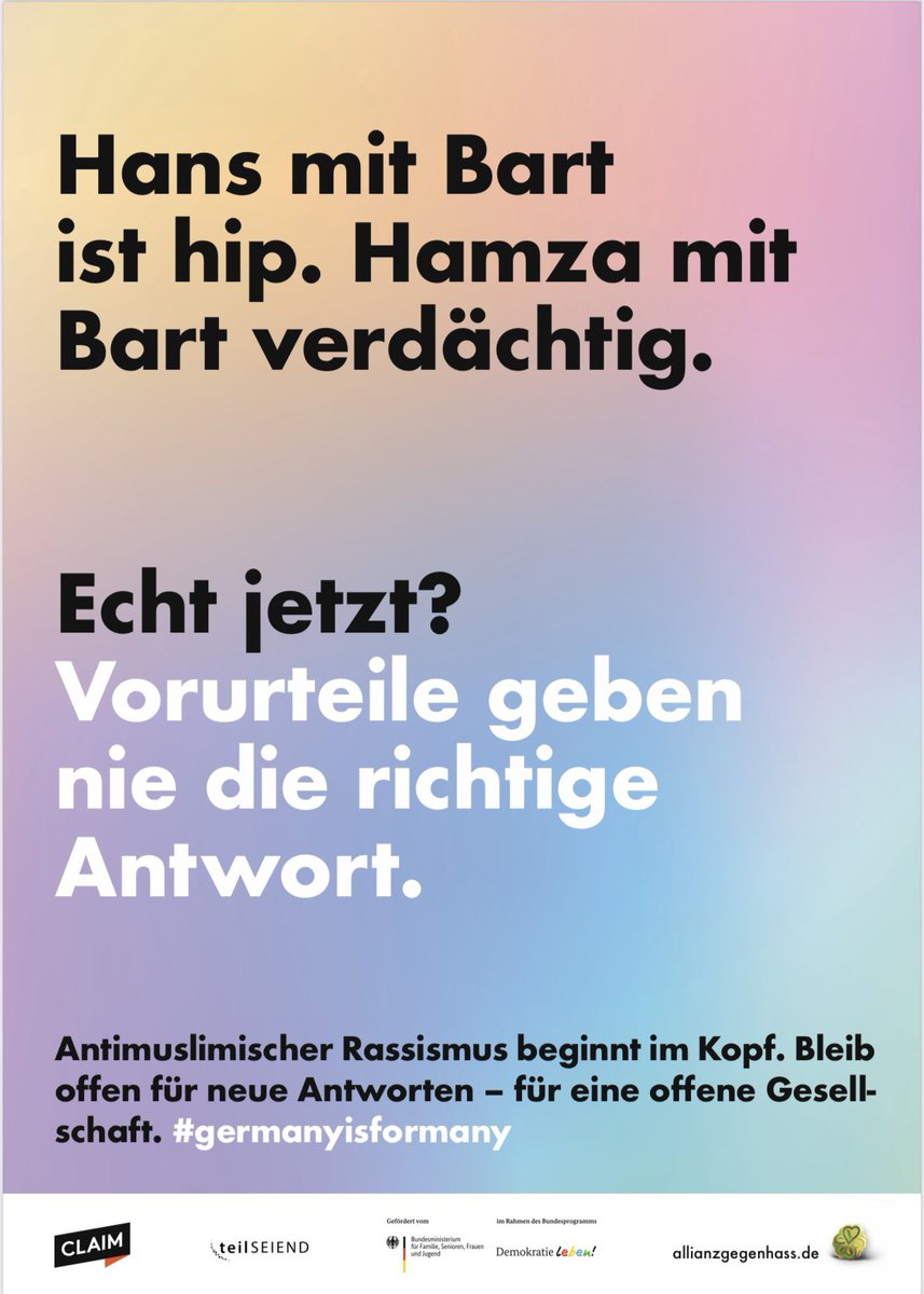 PolizeiBerlin_P's tweet photo. Am heutigen Tage startet die #Aktionswoche gegen antimuslimischen #Rassismus. Einer unserer Netzwerkpartner, die @CLAIM_Allianz, hat diesbezüglich eine #Kampagne realisiert, die wir euch nicht vorenthalten möchten:

https://t.co/SRg2G8q2ks

#germanyisformany #Prävention 

^präv https://t.co/vDGPZMoKQk