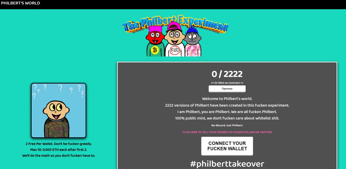 PhilbertExprmnt's tweet photo. We're fucken live, come get for 2 #FREE #philbert.
https://t.co/1BQddPBz9K
#nft #nfts #nftfreemint #freemintnft #freemint #mintingnow #mintingsoon #stealthmint #Minting #mint #philberttakeover https://t.co/ZJzspbWh5h