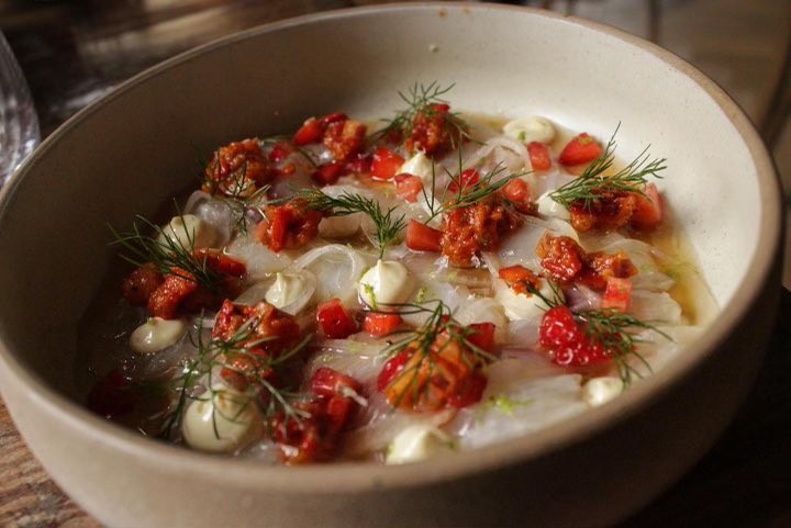 Todays special - Seabream Ceviche. Pico de Gallo, strawberry, sivri pepper aioli &amp; shio ponzu. #enginesocial #michelinguide #sowerbybridge