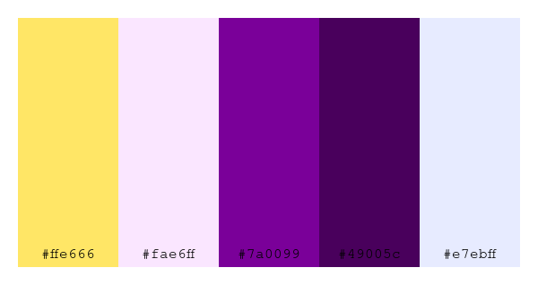 ColPaletteBot's tweet photo. Beep beep, here's a pretty color palette for you!
color-scheme.js parameters used:
- hue: 96
- variation: hard
- colors: #ffe666, #fae6ff, #7a0099, #49005c, #e7ebff
Have a lovely day!
#twitterbot #colorpalette #colors #palette #prettycolors https://t.co/j3TclWfej3