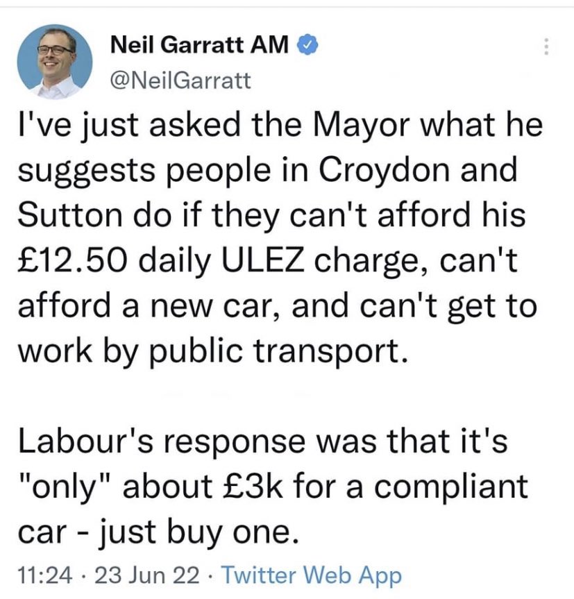 joe_quick44's tweet photo. According to Labour, it is easy to ‘just’ buy a new ULEZ compliant car as they're only 3 grand.

Many people in Sutton and outer London simply cannot afford to do this, something Labour seem to not understand. 
https://t.co/0FHKdoPAZt https://t.co/X05nqwfmi7