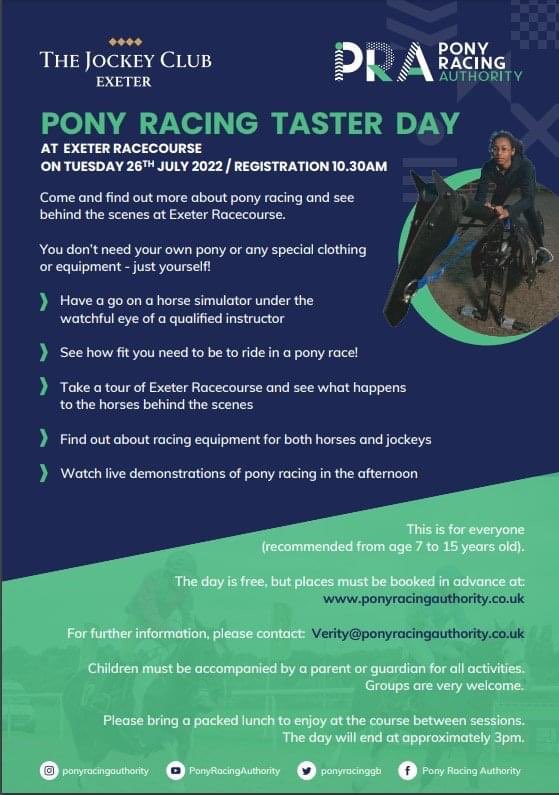 Great opportunity for everyone between 7 &amp; 15 dreaming of being a jockey, to try out pony racing before next season with a free taster day courtesy of <a href="/ponyracinggb/">PonyRacingAuthority</a> held at <a href="/ExeterRaces/">Exeter Racecourse</a> on Tuesday 26th July. #GoPointing Advanced booking required.