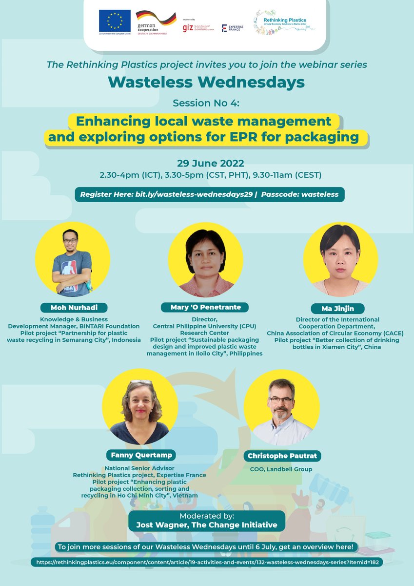 GIZ_Thailand's tweet photo. Join us for our next Wasteless Wednesday session! Let’s learn about local waste management and explore options for an Extended Producer Responsibility (EPR) for packaging. Register 👉 https://t.co/Juq5NXKfsA
@EUinThailand @EUinASEAN @BMZ_Bund
#RethinkingPlastics #EPR #Packaging https://t.co/evje2Bz4kN