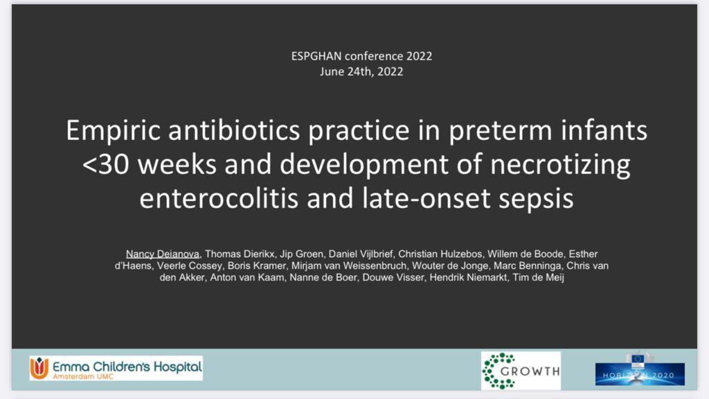 GrowthITN's tweet photo. Enjoying the great talks @ESPGHANSociety 2022 conference in Copenhagen. Very pleased to present data on antibiotics and NEC en sepsis in a preterm Dutch/Belgian cohort where non-exposure was associated with higher odds for disease. https://t.co/FaJuhHwfrc