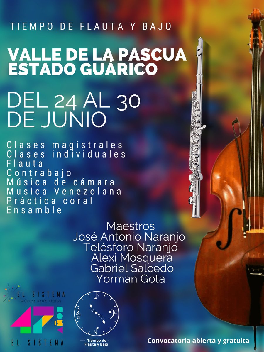 tiempodeflauta1's tweet photo. Tiempo de Flauta y Bajo inicia hoy un nuevo capítulo en Valle de la Pascua, nuestro curso integral e intensivo edición #Guárico 2022.
Clases magistrales
Clases individuales
Música de cámara
Música venezolana
Práctica coral
Ensamble
#flauta #flute #flutist #floete #flûte #flöte https://t.co/j9hfsBxIeG