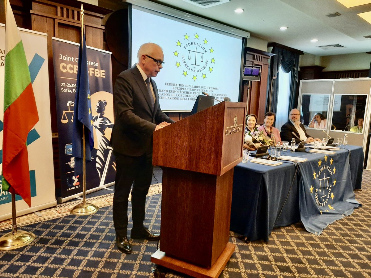Marc Labbé the new Vice - President of the FBE and <a href="/basdwmartens/">Bas Martens</a> the new President of the Fédération des Barreaux d’Europe addressing the General Assembly after after the joint congress with <a href="/CCBEinfo/">CCBE</a> in Sofia (Bulgaria). Congratulations! #FBESofia🇧🇬