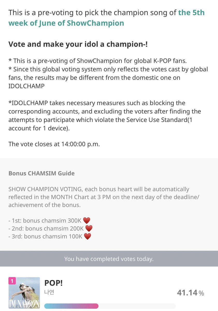 acedahyun's tweet photo. finished my voting for today!! don’t forget to vote for nayeon on idol champ guys!!

#NAYEON #NAYEON_POP @JYPETWICE https://t.co/eFUxIjp9cx