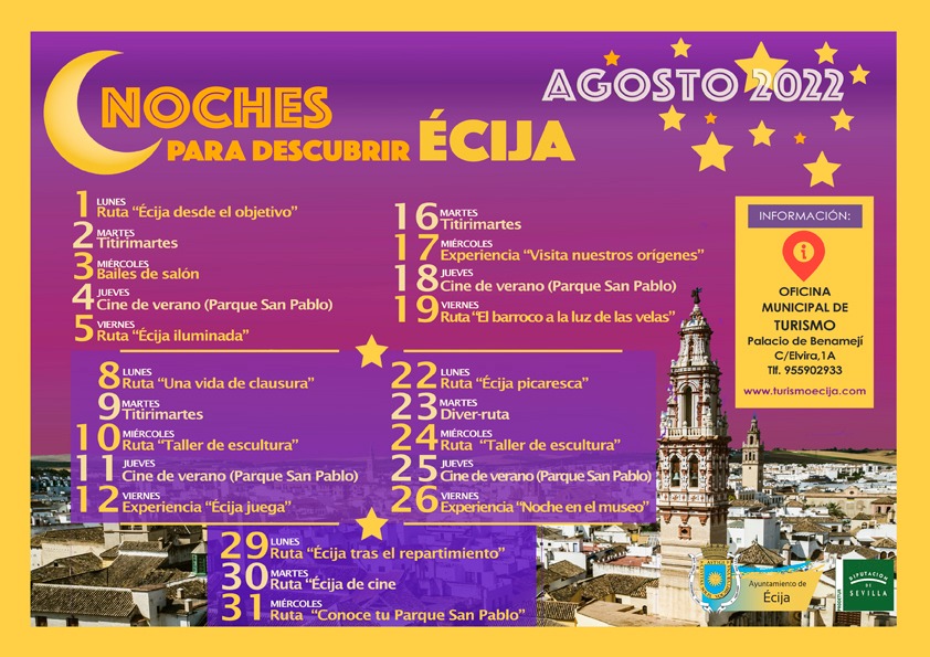 🌙PROGRAMA NOCHES PARA DESCUBRIR #ÉCIJA 
Actualización de los carteles del programa "Noches Para Descubrir Écija". 
📲turismoecija.com/evento/noches-…
ℹ️ INFORMACIÓN 
OFICINA MUNICIPAL DE TURISMO DE ÉCIJA. C/ELVIRA, 1A – PALACIO DE BENAMEJÍ – TLF. 955902933